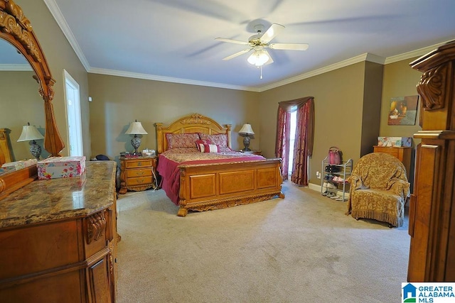 bedroom with crown molding, light carpet, and ceiling fan