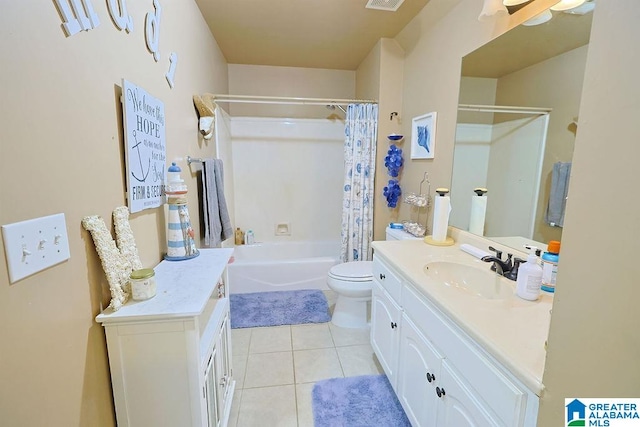 full bathroom with vanity, shower / bath combination with curtain, toilet, and tile patterned floors