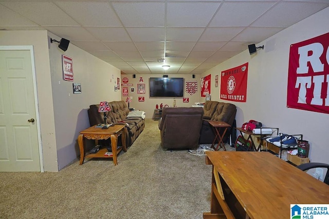 carpeted living room featuring a paneled ceiling