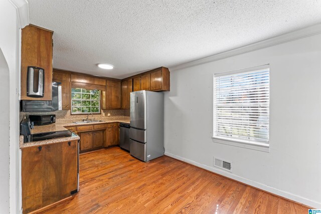 kitchen featuring appliances with stainless steel finishes, light hardwood / wood-style flooring, and plenty of natural light