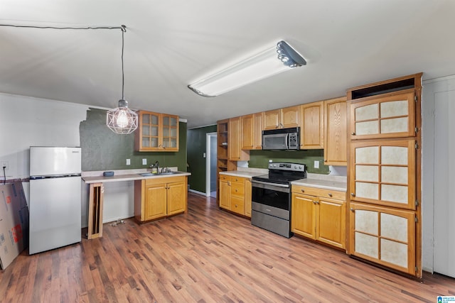 kitchen with light hardwood / wood-style floors, stainless steel appliances, sink, and pendant lighting