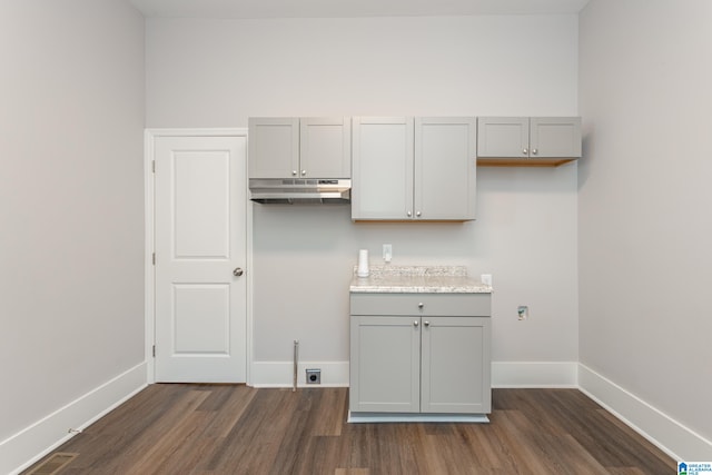 kitchen with gray cabinets and dark hardwood / wood-style floors