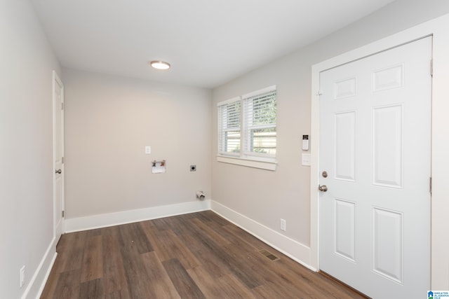 washroom with hookup for an electric dryer, hookup for a washing machine, and dark hardwood / wood-style flooring