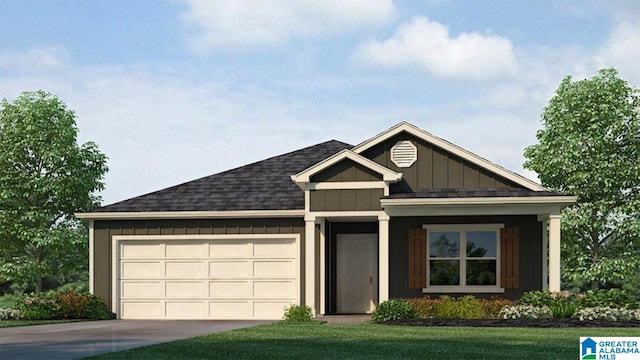 view of front facade featuring a shingled roof, an attached garage, board and batten siding, a front yard, and driveway