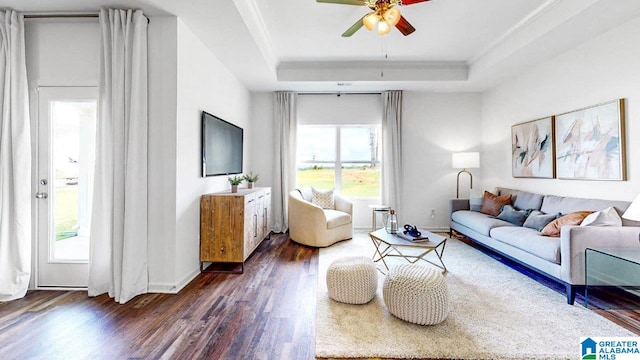 living room featuring ceiling fan, dark hardwood / wood-style floors, ornamental molding, and a tray ceiling