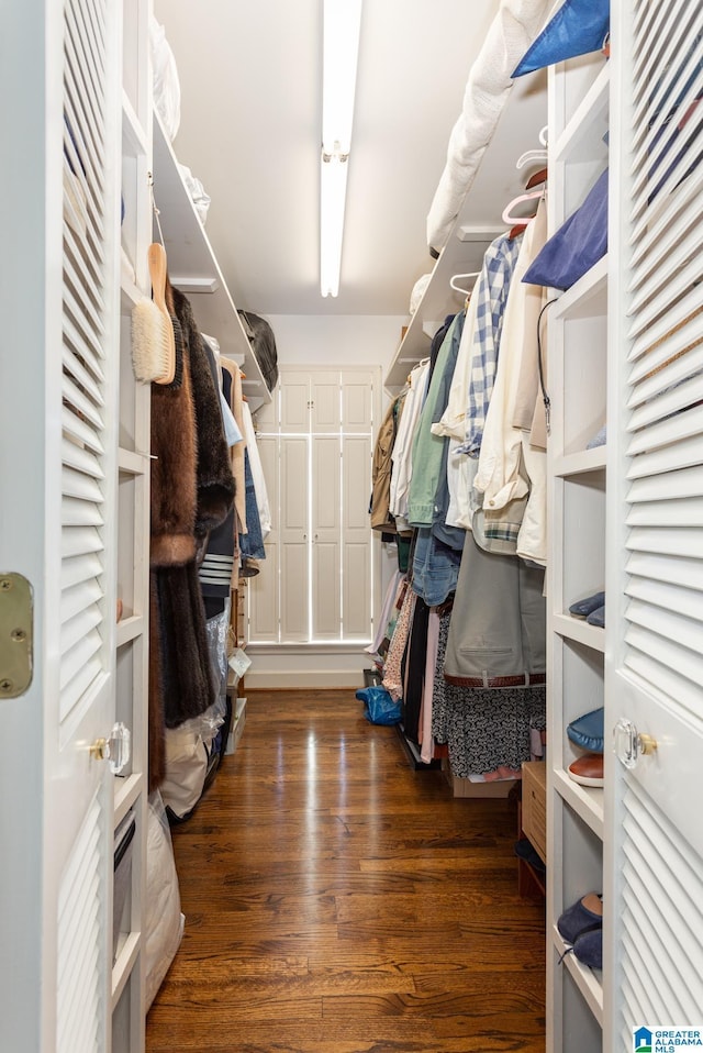 walk in closet with wood finished floors