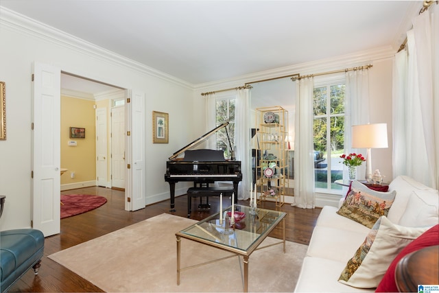 living room with crown molding and dark hardwood / wood-style floors