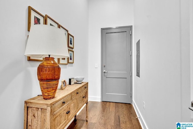 entryway featuring electric panel and hardwood / wood-style flooring