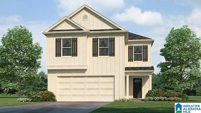 view of front facade featuring a front lawn and a garage