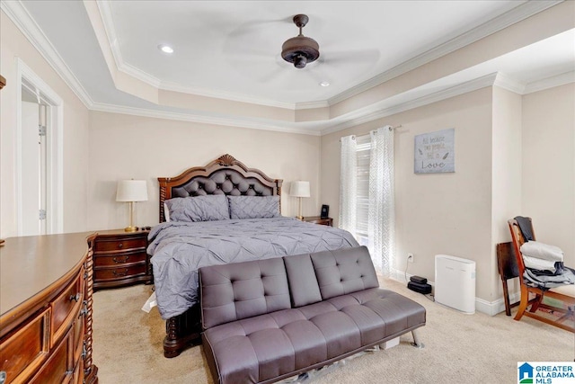 bedroom featuring crown molding, light carpet, and ceiling fan