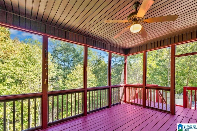 unfurnished sunroom with wood ceiling and ceiling fan