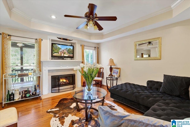 living room featuring light hardwood / wood-style floors, crown molding, and a raised ceiling