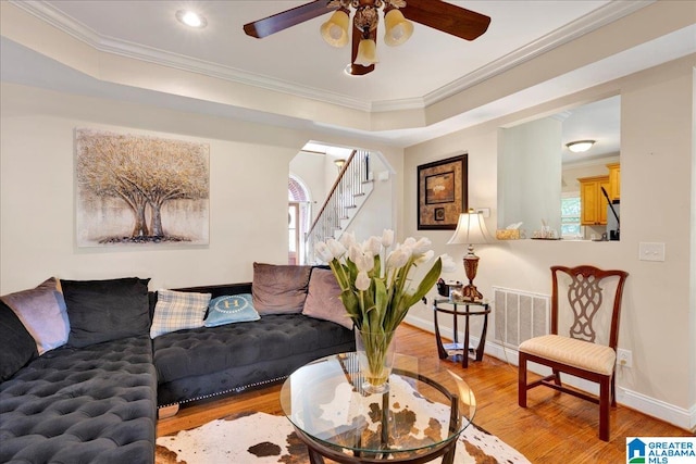 living room with crown molding, hardwood / wood-style flooring, a raised ceiling, and ceiling fan