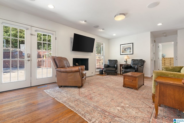 living room featuring french doors and hardwood / wood-style flooring