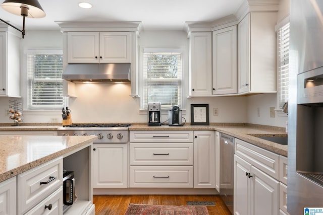 kitchen with white cabinetry, light hardwood / wood-style floors, extractor fan, and appliances with stainless steel finishes