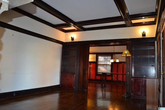 2705 Caldwell Ave S, Birmingham, AL 35205 - unfurnished living room with coffered ceiling, dark wood finished floors, beamed ceiling, and baseboards