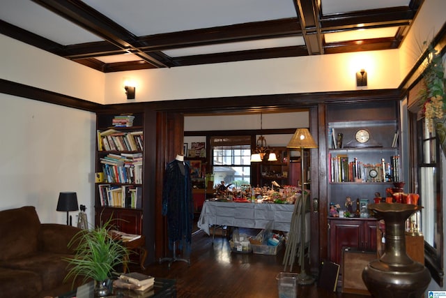 living room with beamed ceiling, dark hardwood / wood-style flooring, and coffered ceiling