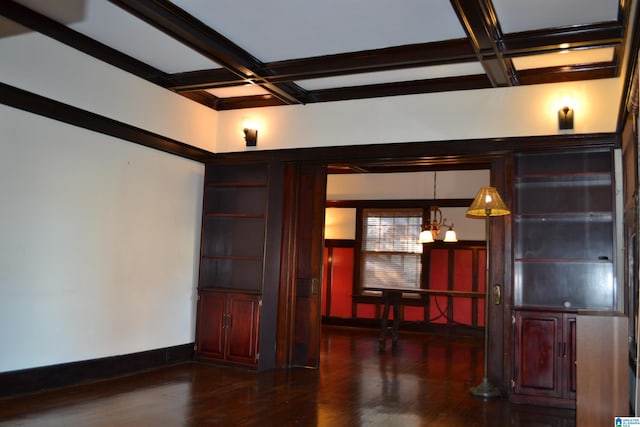 2705 Caldwell Ave S, Birmingham, AL 35205 - bar featuring coffered ceiling, dark wood-style flooring, beam ceiling, baseboards, and hanging light fixtures