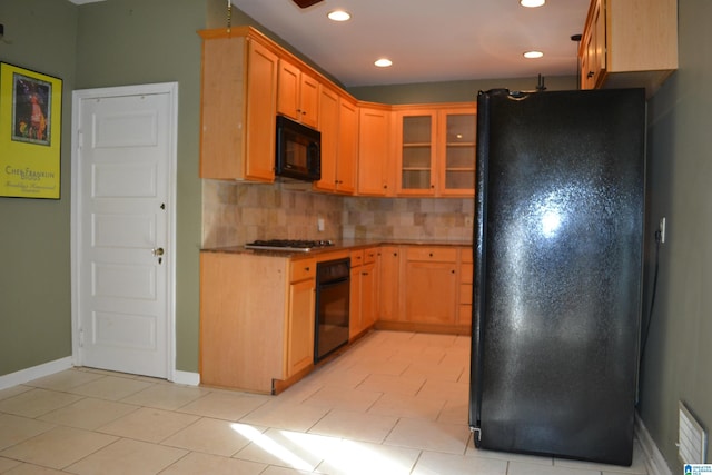 2705 Caldwell Ave S, Birmingham, AL 35205 - kitchen featuring black appliances, backsplash, baseboards, recessed lighting, and glass insert cabinets