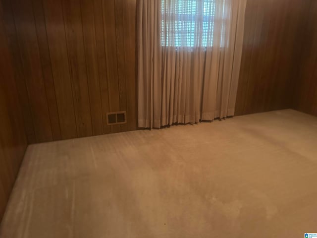 carpeted empty room featuring wood walls