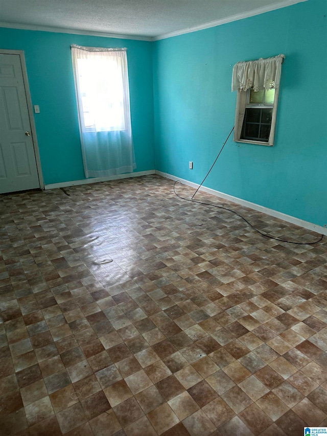 unfurnished room with crown molding and a textured ceiling