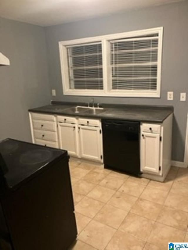 kitchen with white cabinetry, dark countertops, dishwasher, and a sink