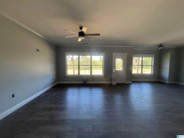 unfurnished room featuring ceiling fan, dark hardwood / wood-style flooring, and ornamental molding