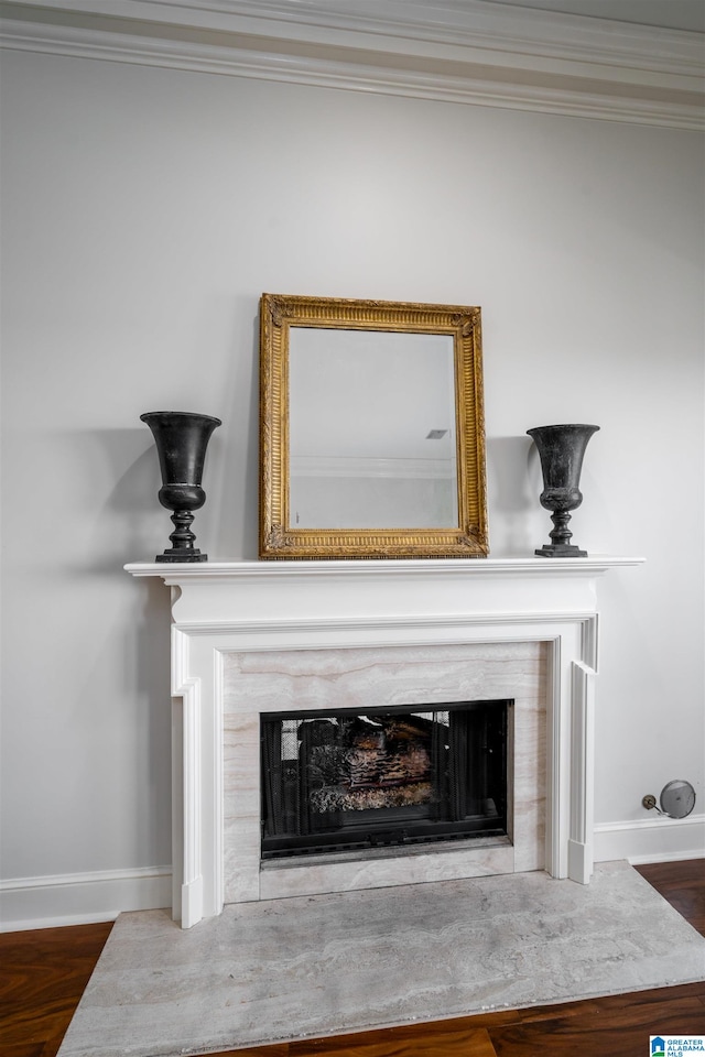 room details with ornamental molding, wood-type flooring, and a fireplace