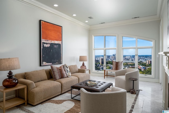 living room with crown molding, light tile patterned flooring, and a wealth of natural light