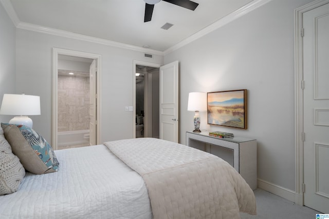 bedroom with connected bathroom, ceiling fan, carpet flooring, and ornamental molding