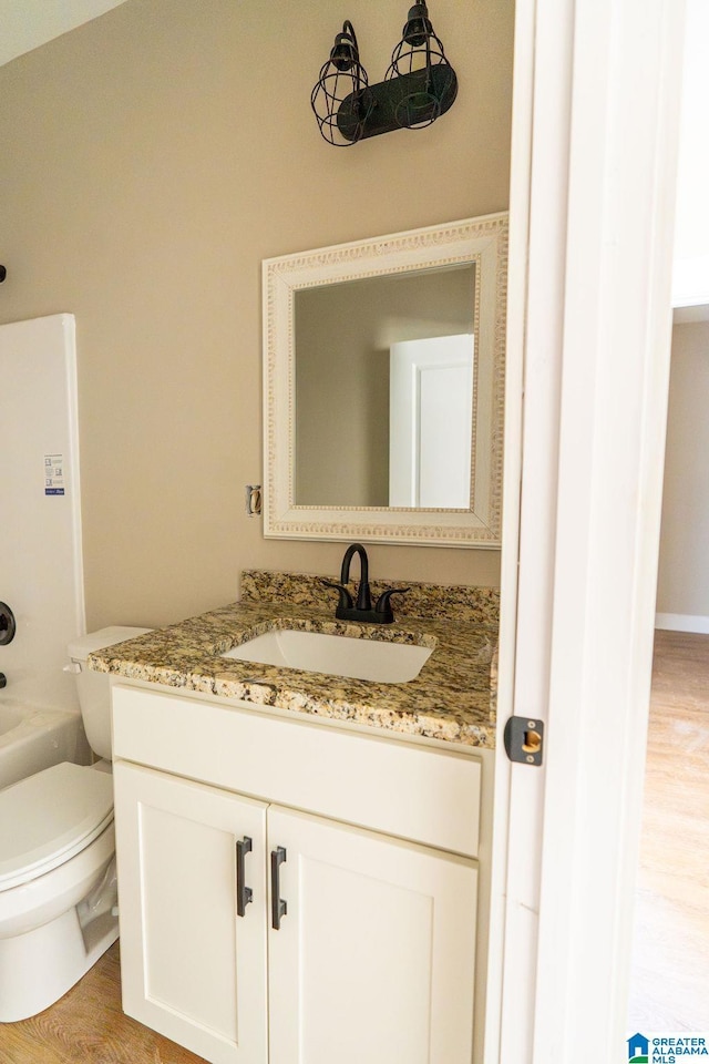 bathroom featuring vanity, toilet, and wood finished floors