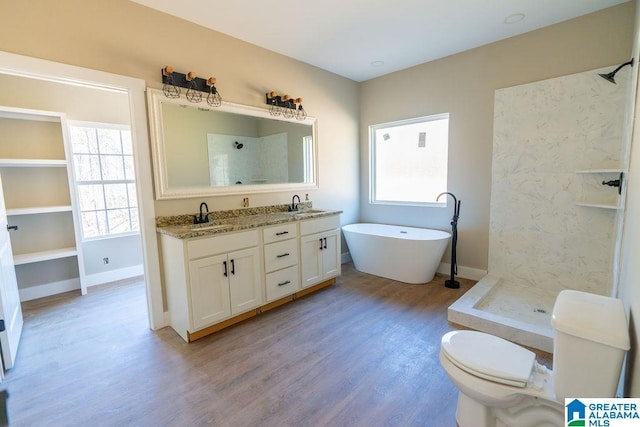 bathroom with double vanity, wood finished floors, a shower, and a sink