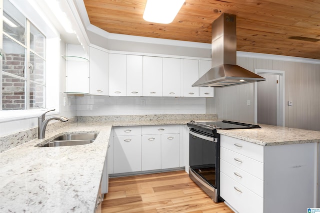 kitchen with white cabinets, stainless steel range with electric cooktop, island range hood, light wood-type flooring, and sink