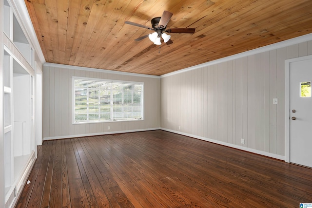 interior space with wood ceiling, dark wood-type flooring, wooden walls, ornamental molding, and ceiling fan