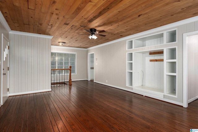 unfurnished living room with wooden ceiling, ornamental molding, wood walls, dark hardwood / wood-style floors, and built in features