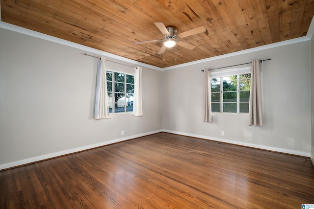 empty room featuring dark wood-type flooring, crown molding, wood ceiling, and ceiling fan