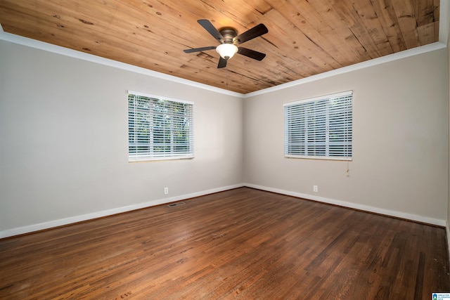 empty room with crown molding, wooden ceiling, dark wood-type flooring, and ceiling fan