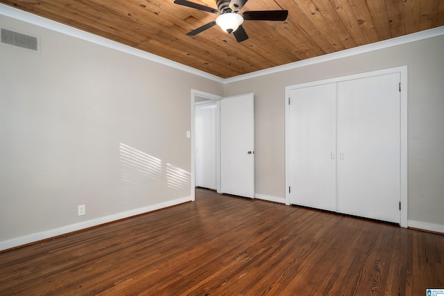 unfurnished bedroom featuring ornamental molding, wood ceiling, ceiling fan, and dark hardwood / wood-style flooring