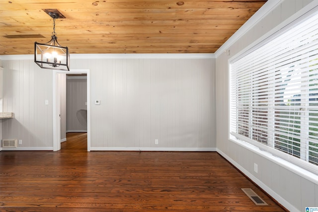 unfurnished dining area with wood walls, wood ceiling, dark hardwood / wood-style flooring, crown molding, and a chandelier