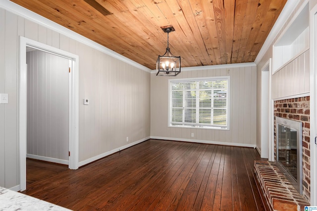 unfurnished dining area featuring crown molding, a notable chandelier, wooden ceiling, and dark hardwood / wood-style flooring