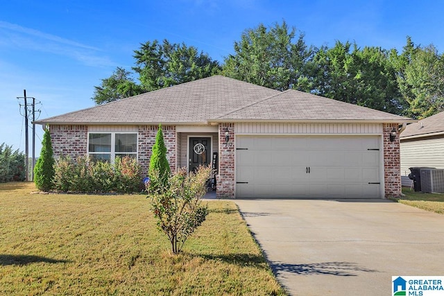 single story home with cooling unit, a garage, and a front lawn