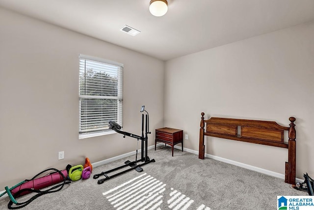 workout room featuring light colored carpet