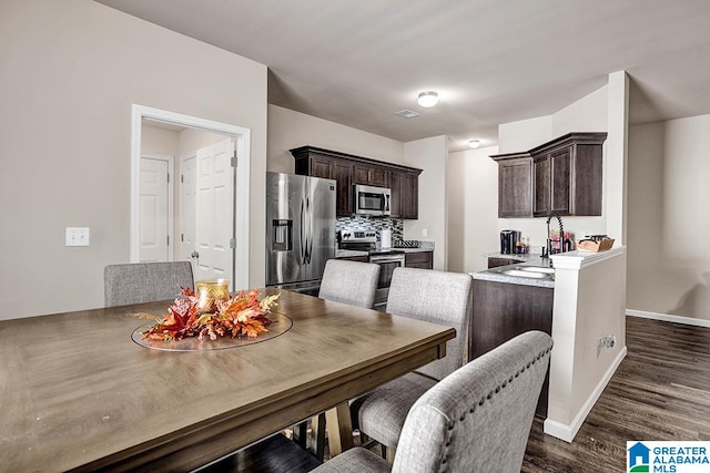 dining area featuring sink and dark wood-type flooring