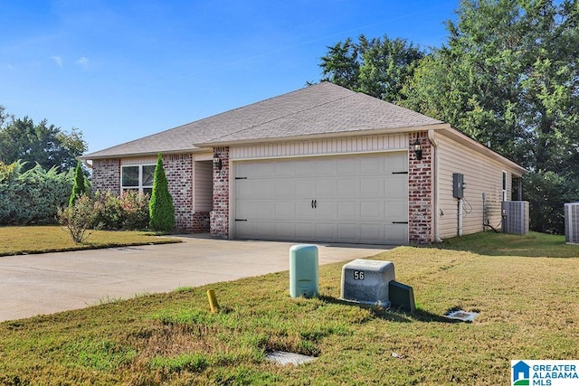 ranch-style house with a front lawn, central AC unit, and a garage