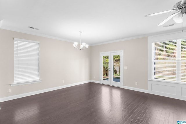 spare room with crown molding, ceiling fan with notable chandelier, and dark hardwood / wood-style flooring