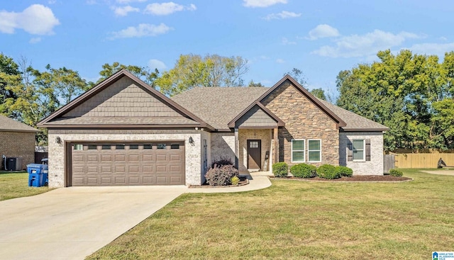 view of front of home featuring a front yard, a garage, and cooling unit