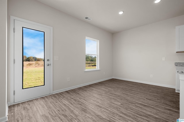 unfurnished dining area featuring a healthy amount of sunlight and wood-type flooring