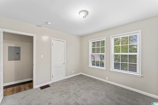 spare room featuring electric panel and carpet flooring