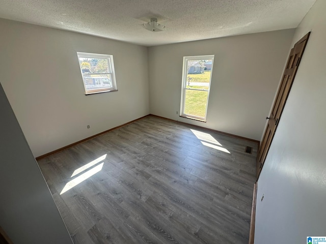 spare room featuring a wealth of natural light, light hardwood / wood-style floors, and a textured ceiling