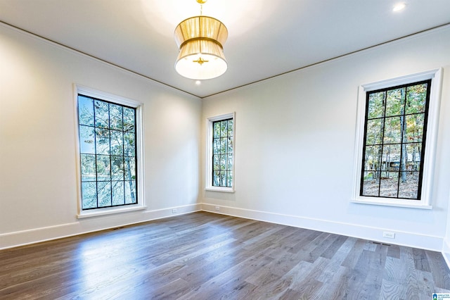 unfurnished room featuring ornamental molding, plenty of natural light, and dark wood-type flooring